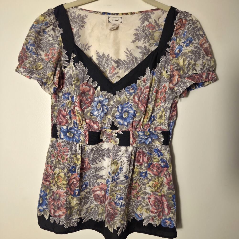 Viola 100% Silk Floral Blouse Sz S Short Puff Sleeve Side Zip Sweetheart Romance
